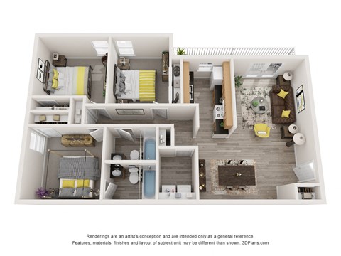 Floor plan for 3 beds, 2 baths, 1052 sqft